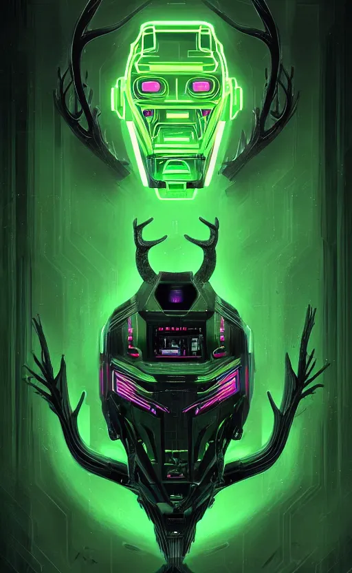 Image similar to poster style, a beautiful and terrifying painting with high details a digital portrait of cyber god of hunting with robotic deer head in style of green neon, cyber noir, movie atmosphere, movie lights, 8 k, light effect, rtx on, trending on artstation, by kilian eng, lee madgwick, bastien lecouffe - deharme