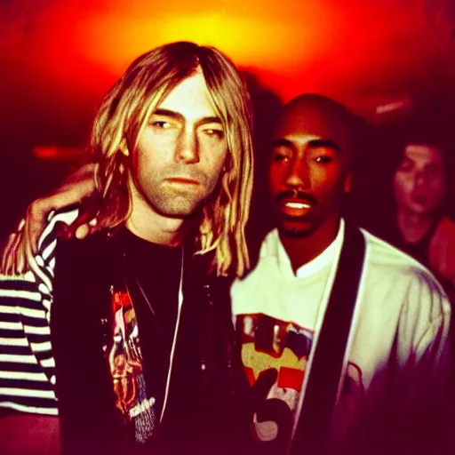 Image similar to Polaroid photograph of Kurt Cobain and Tupac Shakur in a club, blurry, XF IQ4, 150MP, 50mm, F1.4, ISO 200, 1/160s, natural light, Adobe Lightroom, photolab, Affinity Photo, PhotoDirector 365,