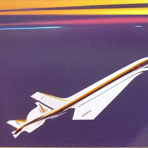 Prompt: full - color concept - art by syd mead of a supersonic scramjet commercial passenger airliner taking - off or landing or flying above the earth's atmosphere. retrofuturism, near - future science - fiction.