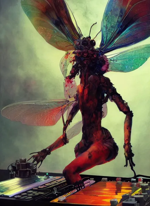 Image similar to surreal gouache painting, by yoshitaka amano, by ruan jia, by Conrad roset, by good smile company, detailed anime 3d render of a Giant glowing dragonfly sitting on a DJ mixer, portrait, cgsociety, artstation, rococo mechanical and electronic, dieselpunk atmosphere