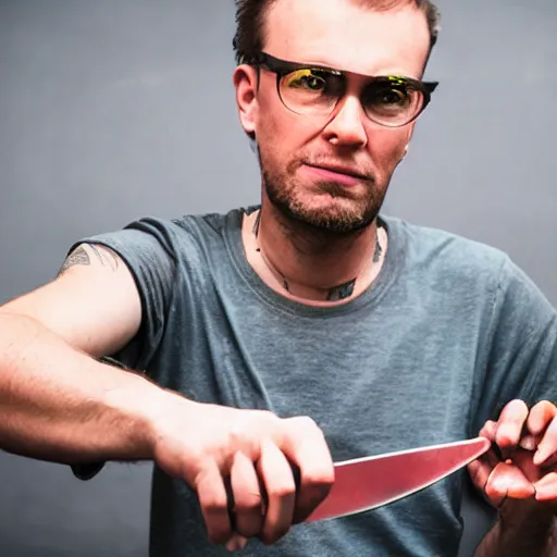 Image similar to photo of a caucasian dnb mc holding a knife