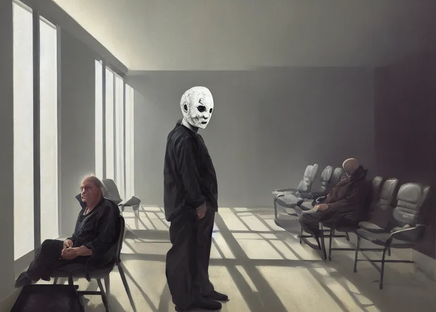 Prompt: dynamic portrait painting of Michael Myers sitting in the waiting room of an optometrist amongst other normal patients, sharp focus, face focused, trending on ArtStation, masterpiece, by Greg Rutkowski, by Ross Tran, by Fenghua Zhong, octane, soft render, oil on canvas, decorated wall with pictures of eyes, moody lighting, high contrast, cinematic