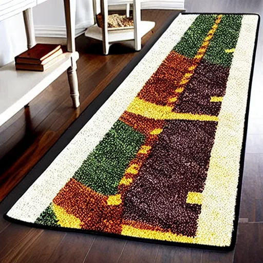 Prompt: a futuristic skids road map carpet rug