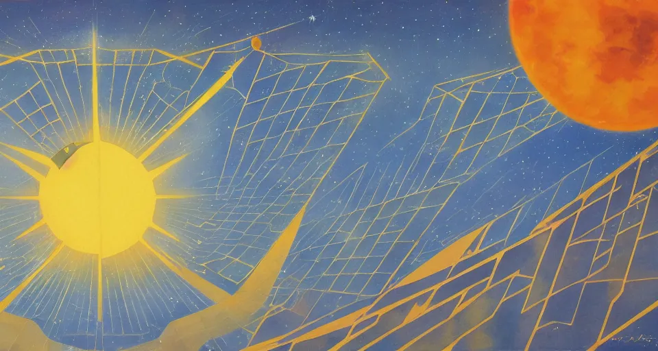 Prompt: hexagonal solar sail in space between the sun and earth, art deco painting