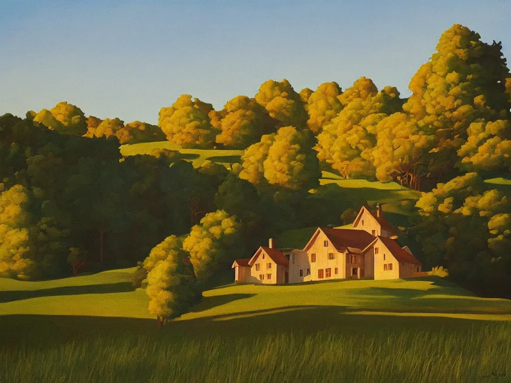 Prompt: a wooden manor on a hill in the countryside, golden hour, summer, painting by kenton nelson