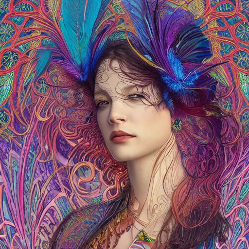 Image similar to A reality bending psychedelic ayahuasca experience, colorful, distorted, surreal, tropical bird feathers, dramatic lighting on the face, intricate lace, elegant fabric, highly detailed jewelry, digital painting, concept art, smooth, sharp focus, illustration, art by Krenz Cushart and Wayne Barlowe and alphonse mucha