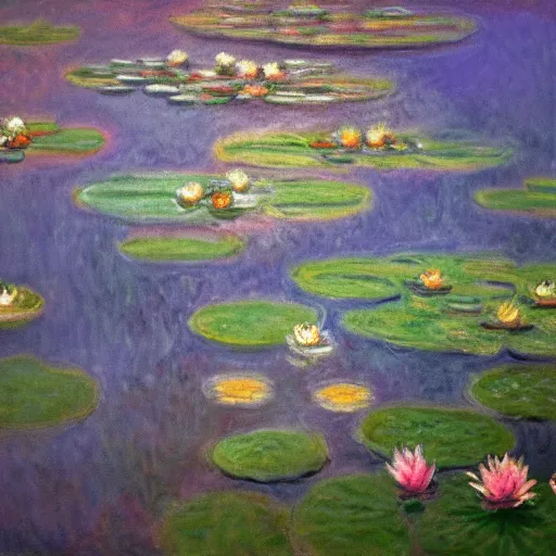 Prompt: at dusk ， water lilies in the pond, by claude monet, dramatic, impressionism, cinematic, reflection, light effect, 8 k hd detail, rendered in octane,