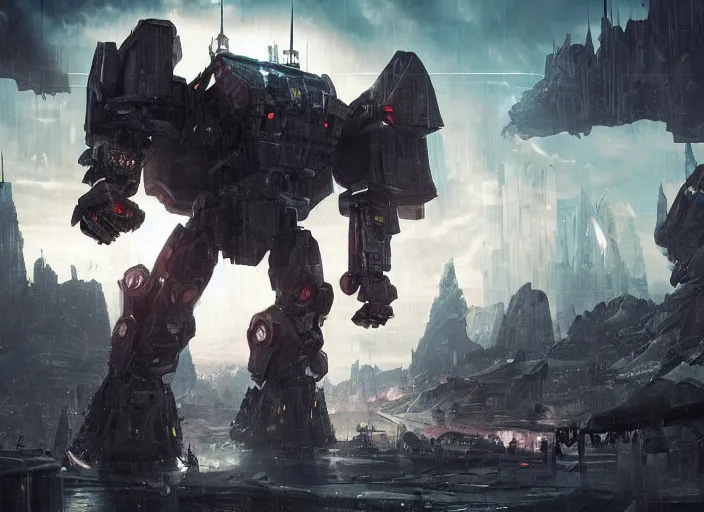 Prompt: medieval cyberpunk knight running from a gigantic ethereal armored mech in a scenic destroyed city, armor inspired by star wars and iron man, cybernetic implants, beautiful digital art, epic lighting, epic composition, sharp focus