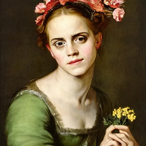 Image similar to Emma Watson wearing green tunic holding a flower. Painted by Rubens, high detail