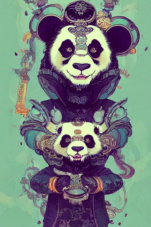 Image similar to a beautiful hyperdetailed character design of a cute panda with a chinese lion dance head victo ngai cyberpunk style, from china, style of studio ghibli, makoto shinkai, raphael lacoste, louis comfort tiffany, artgerm, james jean, ross tran, chinese style