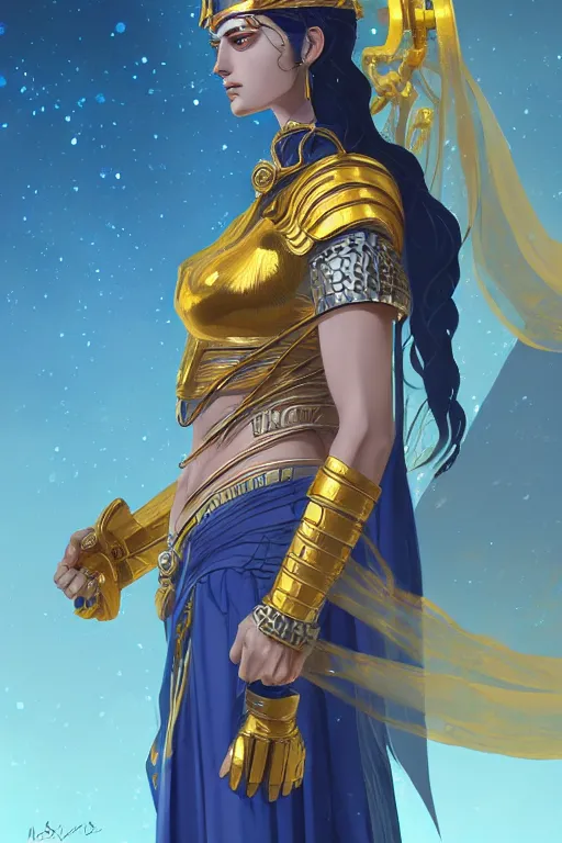 Image similar to The Godess Hera looking angry, detailed armor, portrait radiating a glowing aura, highly detailed, digital painting, artstation, concept art, smooth, sharp focus, beautiful face, symmetric face, enchanted, official fanart, behance, HD, blue and yellow theme, by Makoto Shinkai