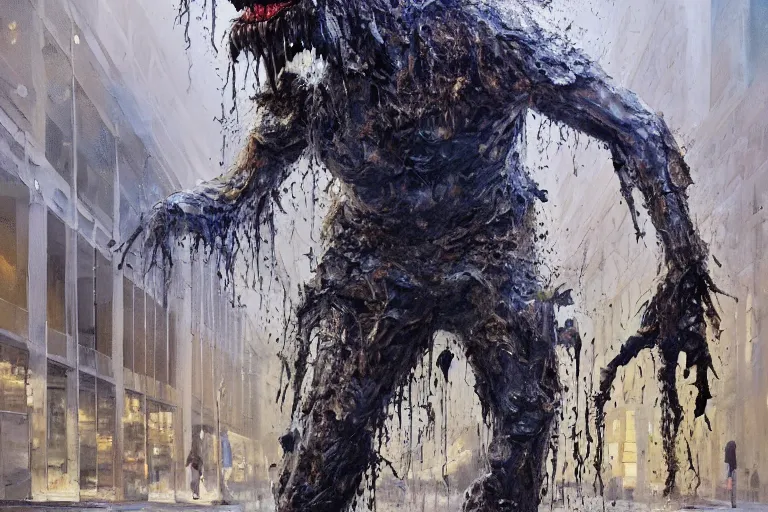 Image similar to palette knife oil painting of a mall security guard turning into a monster of mud and sludge., extreme detail, artstation trending, artgerm, deviant art, octane, substance, art history 8 k