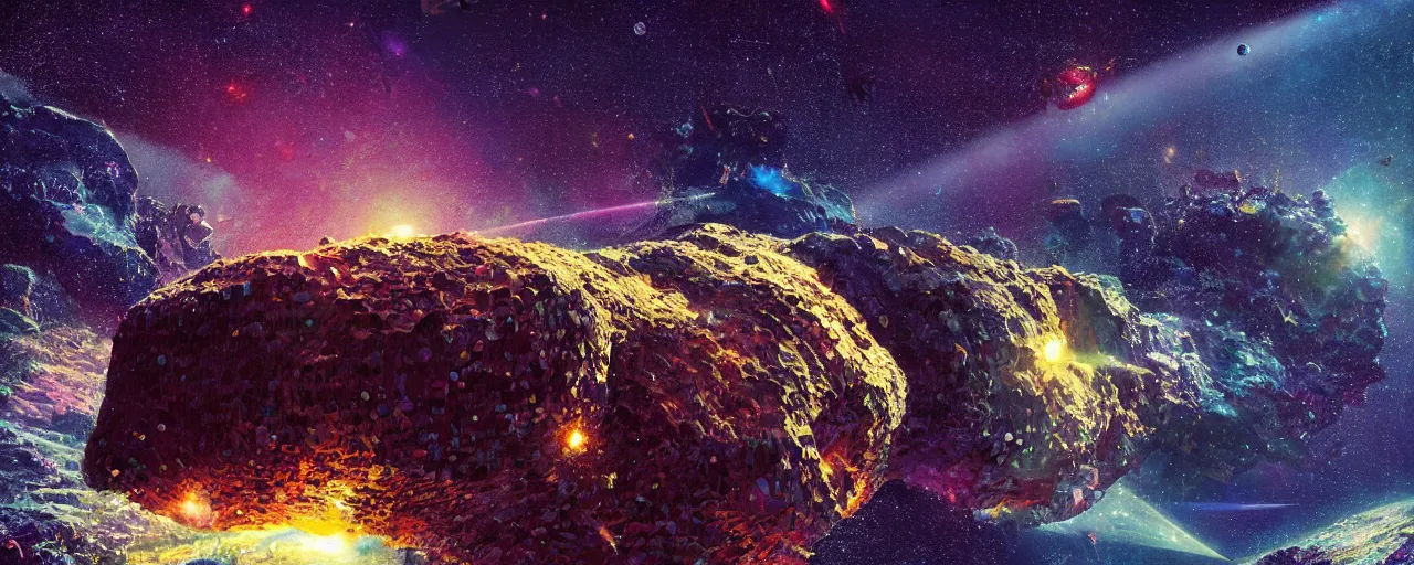 Image similar to ” asteroid made of shiny diamonds and crystals, [ shards, facets, by paul lehr, cinematic, detailed, epic, widescreen, opening, establishing, mattepainting, photorealistic, realistic textures, octane render ] ”