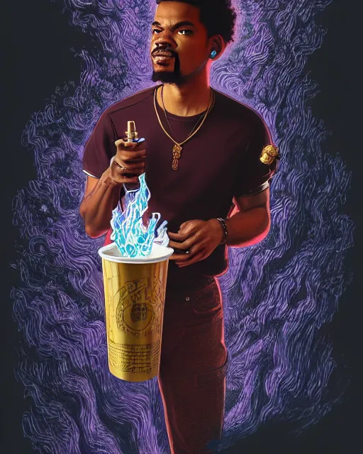 Image similar to chance the rapper holding cup of codeine, accurate details, detailed face, holy liquid in cup glowing, fantasy, dramatic, intricate, elegant, highly detailed, digital painting, artstation, concept art, smooth, sharp focus, illustration, art by Gustave Dore, octane render