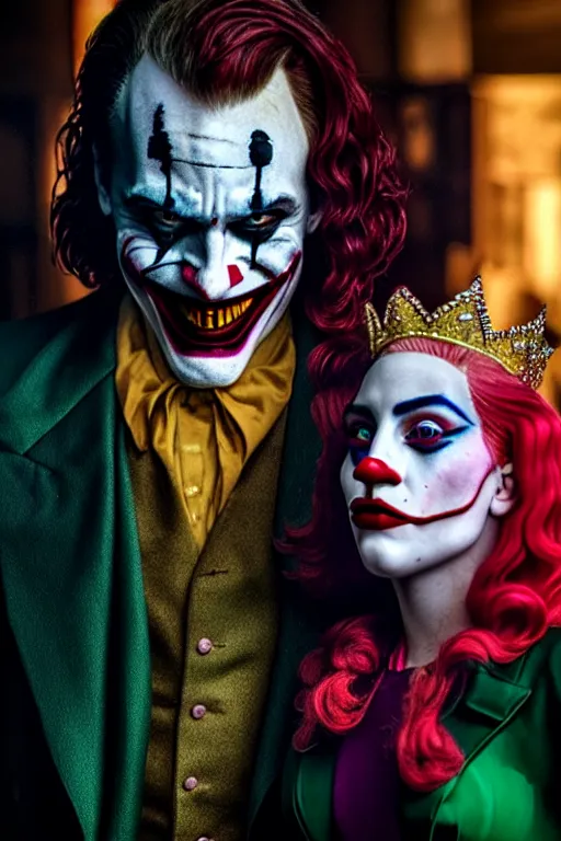 Image similar to joaquin phoenix joker with harley queen lady gaga, photorealistic, smooth, 4 k, aesthetic lighting, baroque object, sharp focus, hyperdetailed, professional photography, pullitzer winning, 8 0 0 photo by : canon eos 5 d mark iv, by karah mew and adnan abidi and jodie bateman