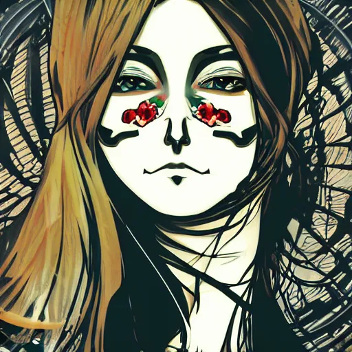 Image similar to anime manga skull portrait girl female cyborg skeleton profile illustration style by Alphonse Mucha pop art nouveau