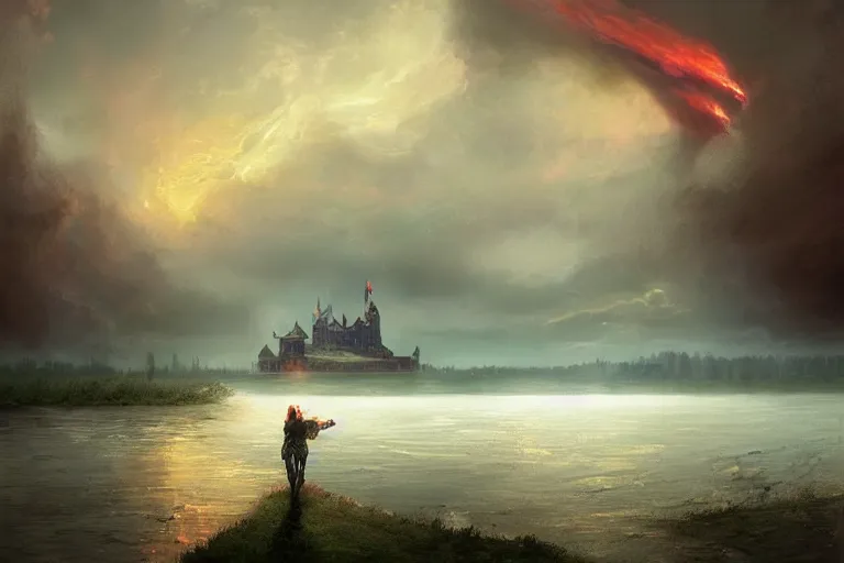 Prompt: a mysterious castle floating in the middle of a vast lake by a farm and a large fiery meteor enters the atmosphere through a gap in the clouds, cinematic lighting, ultra realistic by sabbas apterus