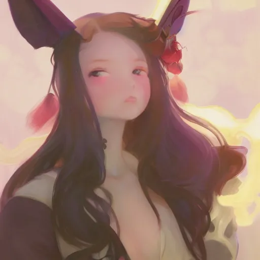 Image similar to beautiful huggy-wuggy from poppy-playtime the video game, Yuumei, Yanjun Cheng, Artgerm and Greg Rutkowski and Alphonse Mucha, studio ghibli, hiyao miyazaki, digital painting, portrait , cinematic lighting, highly detailed, concept art, Atmosphere, illustration, smooth, sharp focus, editor's pickup, trending on artstation, trending on deviantart