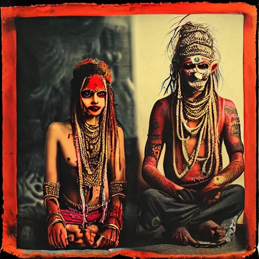 Image similar to realistic expired kodak film portrait of aghori tantrik with kapala, albino india woman tentacled creature mix, marigold, roses celestial vibe, hyperrealism, hypermaxiymalism, photorealistic, detailed, atmospheric, 8 k, award winning photography, cinematic