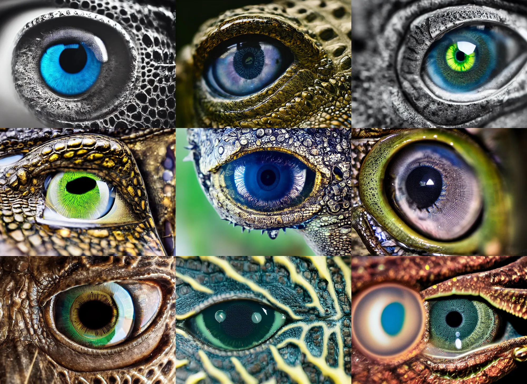 Prompt: macro photography of a cybernetic enhanced crocodile eye, reflective iris