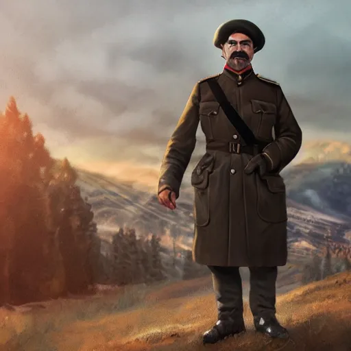 Prompt: fullbody of a tom selleck, wearing simple russian ww 1 clothes in black fur beanie, russian villages at background, style ivan talavera and artgerm, radiant lighting, hyper realistic, photorealistic, octane render, trending on artstation, cgsociety, cinematic light, global illumination