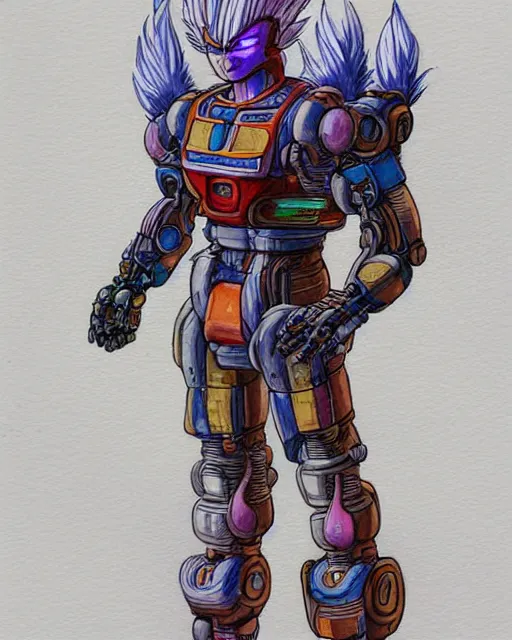 Prompt: a watercolor painting full body character portrait of a cybernetic half robot super saiyan in the style of moebius in the style of leonard boyarsky trending on artstation deviantart pinterest hyper detailed photorealistic highlights and shadow hd 8 k post - processing high resolution