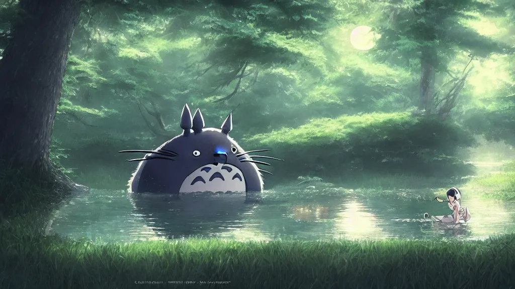 Prompt: totoro fishing in the forest with the reflection of the moon., by makoto shinkai, greg rutkowski, artstation, high detailed, cgsociety