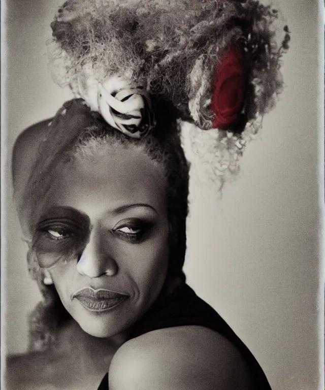 Prompt: a color photograph of carrie mae weems, by joel peter witkin, platinum blond, intense, bold, exaggerated, ultra sharp, extra details, ultra high quality, trending on pinteresst