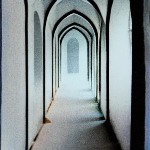 Image similar to Beautiful Fuzzy Polaroid Photograph of an tiled infinite foggy liminal pool hallway with archways and water on the floor