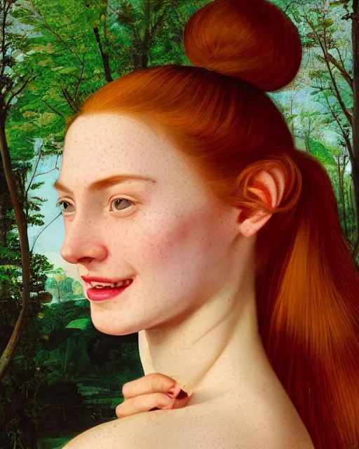 Image similar to a happy, modern looking young woman looking over shoulder, wonderful dress, among the lights of golden fireflies and nature, long loose red hair, intricate details, green eyes, small nose with freckles, triangle shape face, smiling, golden ratio, high contrast, hyper realistic digital art by artemisia lomi gentileschi and caravaggio and artgerm.