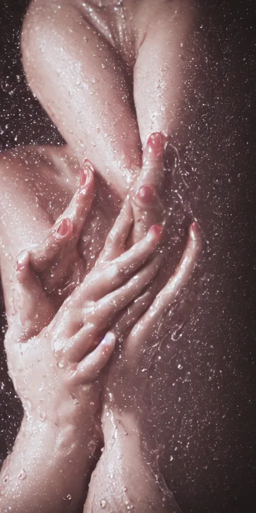 Image similar to a blurry closeup picture of woman's skin gripped tightly, dripping wet, female bodies, hands, macro photography, long exposure photograph, surrealism, anamorphic bokeh, atmospheric lighting, cinematic