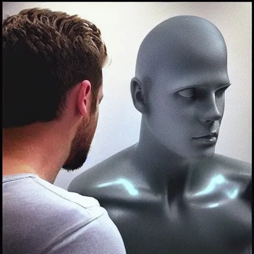 Image similar to “ a realistic detailed photo of a guy who is an attractive humanoid who is half robot and half humanoid, who is a male android, actor liam hemsworth, shiny skin, posing like a statue, blank stare, at the museum, on display ”