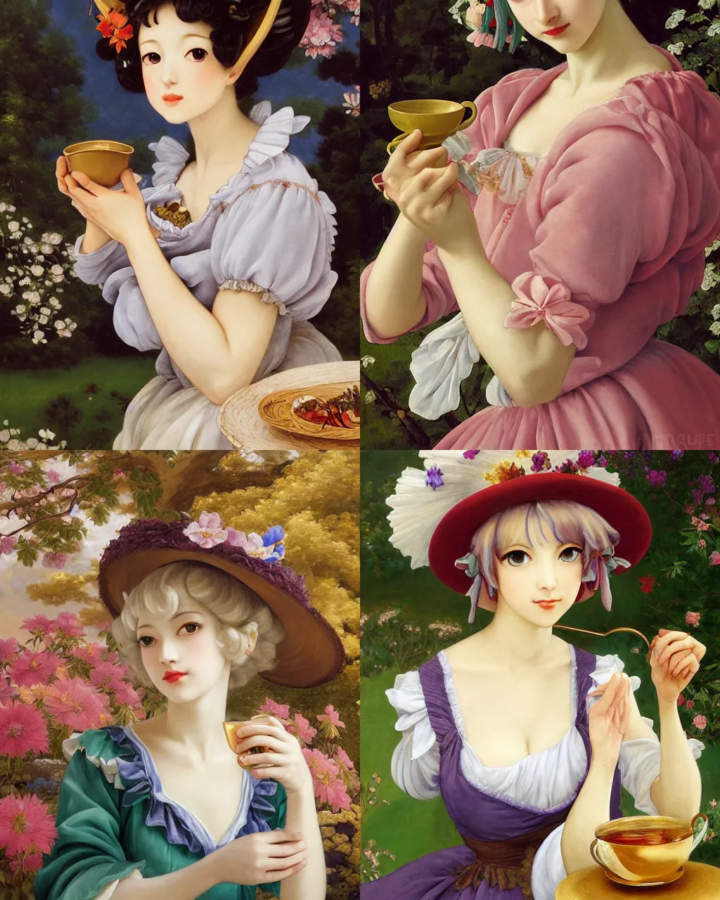 Image similar to oil painting of elegantly dressed touhou character drinking tea in a dreamy garden, beautiful symmetrical face and body, rule of thirds, golden ratio, oil on canvas, highly detailed, warm color scheme art rendition, soft lighting, sharp focus, unique art rendition by adelaide labille - guiard, artemisia gentileschi