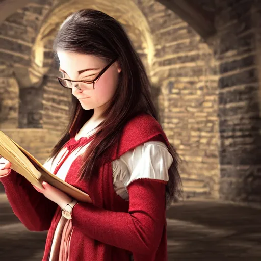 Image similar to 2 1 st century woman!!!! with a medieval book in her hand, 4 k, 8 k, photorealistic imagery