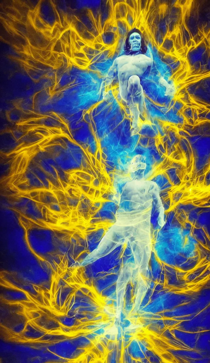 Image similar to a holy blue astral projection ghost adsonii floating in mid air with a golden psychedelic aura, strong dramatic cinematic lighting, smooth, sharp focus, extremely detailed