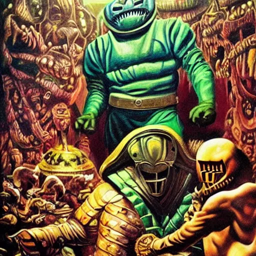 Prompt: beautiful lifelike painting of mf doom as king ghidora being taken to your leader, hyperreal detailed facial features and uv lighting, art by ed roth and basil wolverton