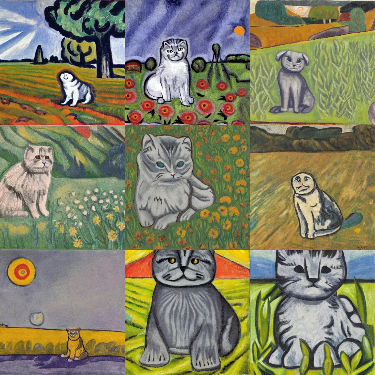 Prompt: a gray scottish fold sitting in the middle of sunny meadow, by erich heckel