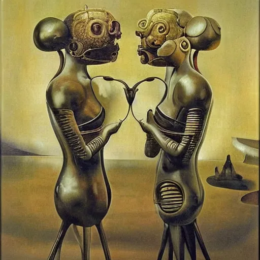 Image similar to Oil painting by Dali. Two mechanical gods with animal faces having a conversation. Oil painting by Hans Bellmer.