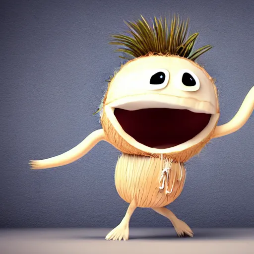 Image similar to The friendly coconut character with a face arms and legs jumps for joy! Action photo. Highly stylized. Anime.