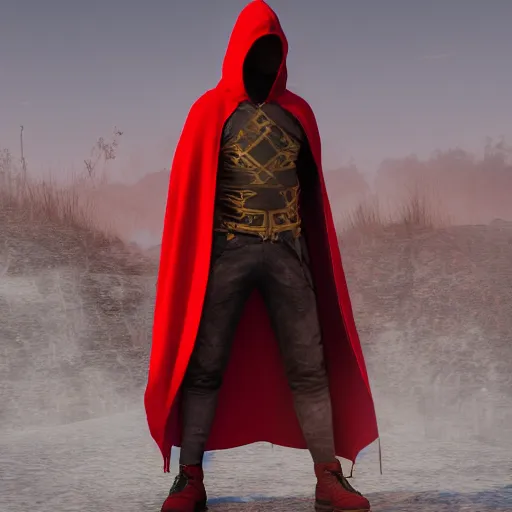 Prompt: warrior holding two swords, full body cape, red hoodie, worn out clothes, symmetry, unreal engine, volumetric light, photorealistic, full body shot, 8K, trending on artstation