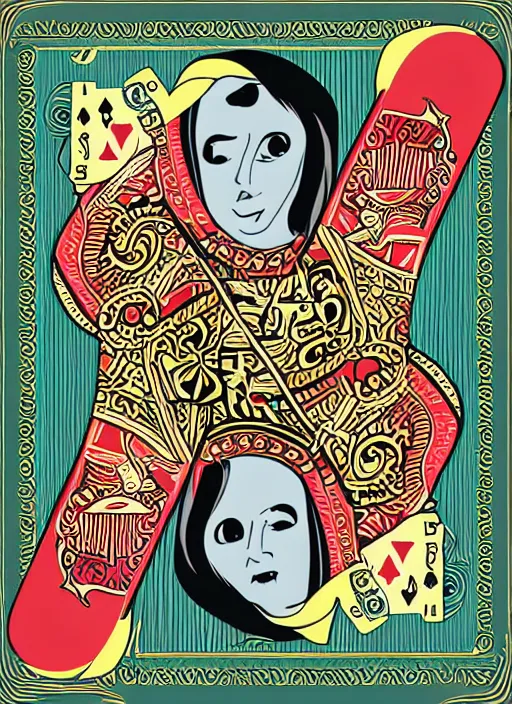 Image similar to playing card called the pregnant queen, 2D, vector art in the style of bycicle decks,