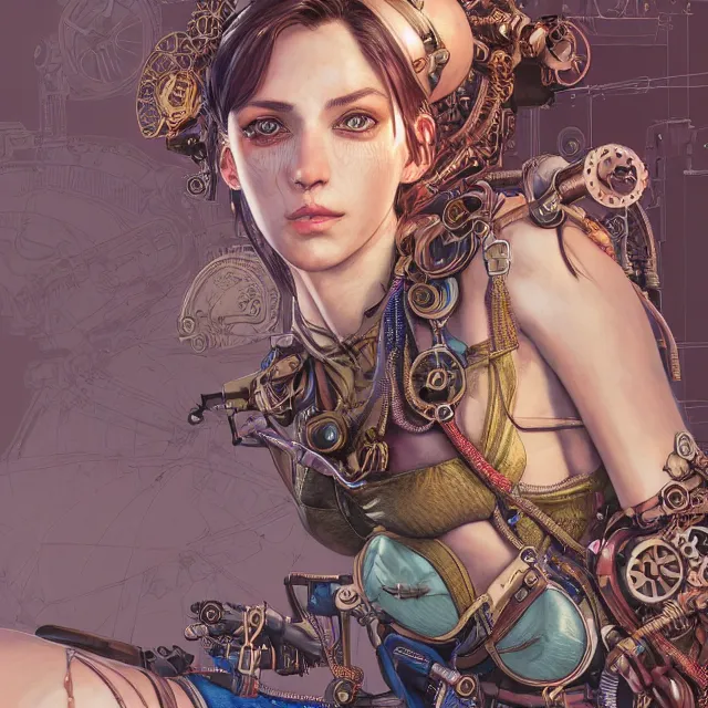 Prompt: the portrait of true neutral semi - colorful female steampunk cyborg mechanist as absurdly beautiful, gorgeous, elegant, young swimsuit model, an ultrafine hyperdetailed illustration by kim jung gi, irakli nadar, intricate linework, bright colors, octopath traveler, final fantasy, unreal engine 5 highly rendered, global illumination, radiant light, detailed and intricate environment