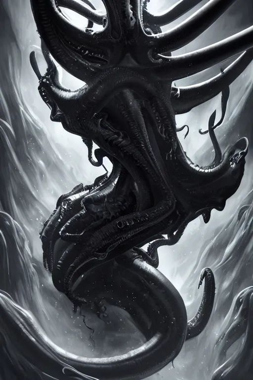 Prompt: black and white, underwater xenomorph alien mixed with sharks extra teeth, tentacles, highly detailed, digital painting, artstation, concept art, smooth, sharp focus, illustration, unreal engine 5, 8 k, art by carlos huante and greg rutkowski and alphonse mucha and ifbb pro fitness photograph