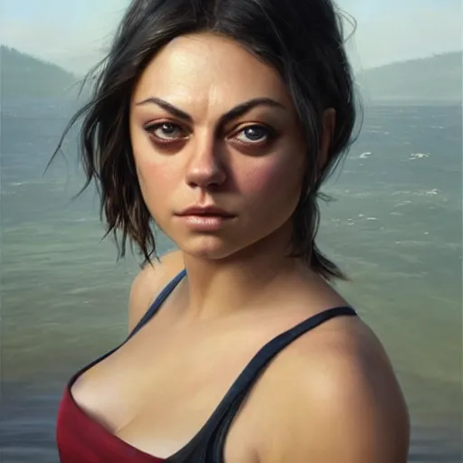 Image similar to winking mila kunis closeup portrait, dramatic light, lake background, 2 0 0 mm focal length, painted by stanley lau, painted by greg rutkowski, painted by stanley artgerm, digital art, trending on artstation