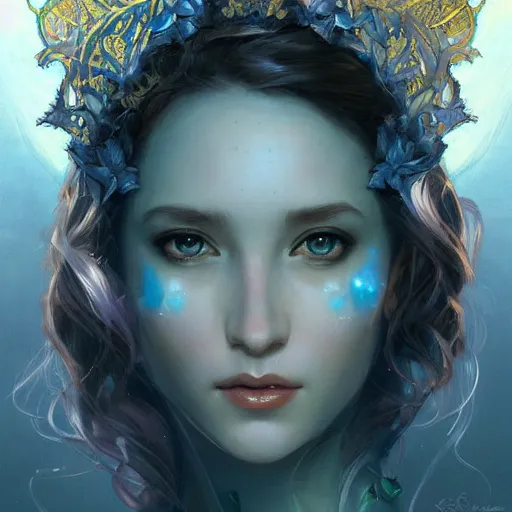 Image similar to portrait of faerie queen, elegant, intricate, headshot, blue sky background, highly detailed, digital painting, artstation, concept art, sharp focus, illustration, art by artgerm and greg rutkowski and alphonse mucha h 7 6 8