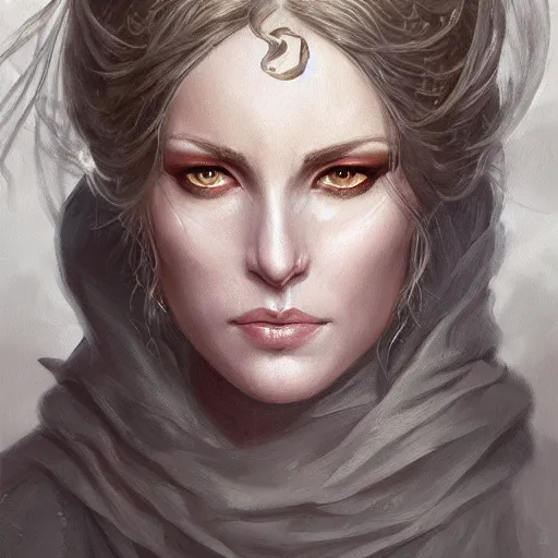 Image similar to a detailed matte head - on portrait painting of an middle - aged half - tiefling noblewoman with golden eyes and short well kept hair, by charlie bowater, lise deharme, wlop, tending on arstation, dungeons and dragon, dnd, pathfinder, fanart, oil on canvas