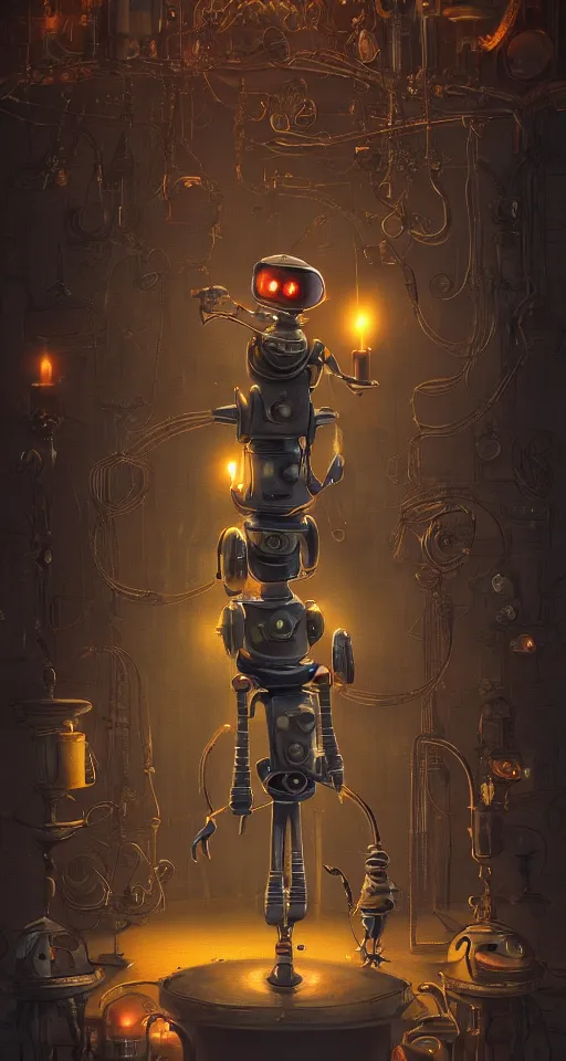 Prompt: a beautiful tapestry of a dream, a small robot standing, ultra detailed, dark, steampunk, moody, candles, neon signs, characters from machinarium, by don bluth, trending on artstation, octane render