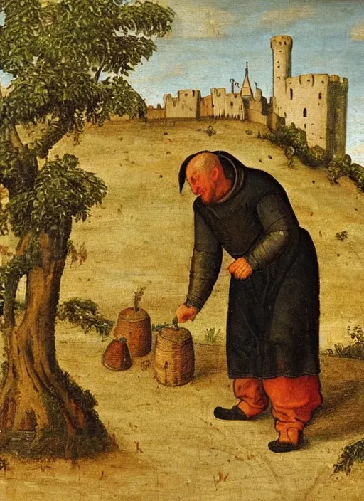 Image similar to a 1 6 th century oil painting of a medieval peasant tending to a farm beside a castle