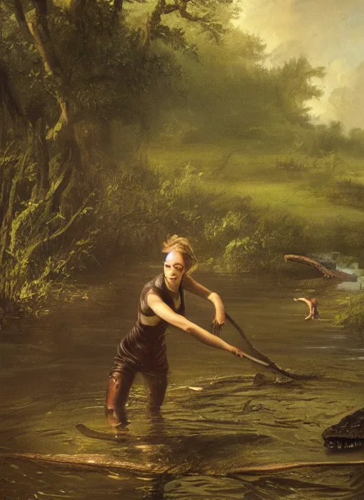 Image similar to a woman fighting against a crocodile in a swamp , soft lighting