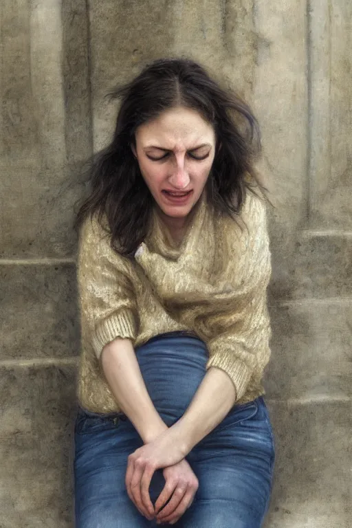 Image similar to very frightened pregnant woman under street light, jeans and sweater, by Alyssa Monks, Bouguereau